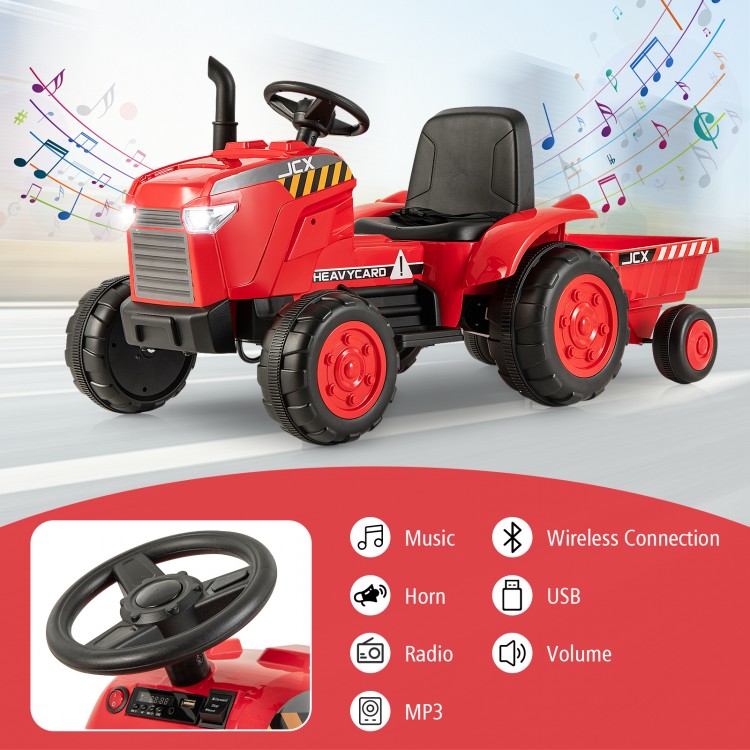 Red 12V kids ride-on tractor with detachable trailer, music, horn, and remote control for safe outdoor fun.